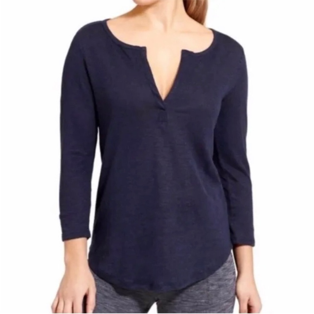 Athleta Linen Zephyr Navy Blue V Neck Shirt